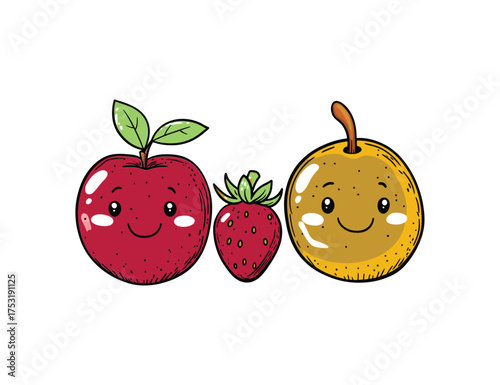 Cute kawaii style apple strawberry and kiwi fruits with happy faces