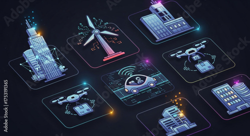Isometric smart city icons with advanced technology, renewable energy, and autonomous vehicles, showcasing innovation and sustainable urban development