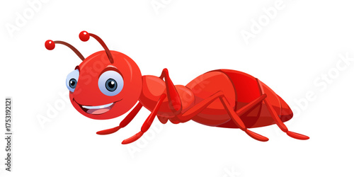 Funny 3D cartoon insect character illustration, a cute red ant bug icon smiling on white