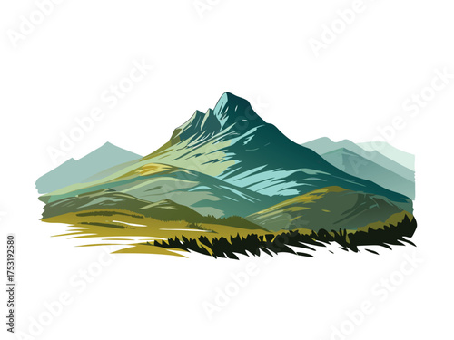Vector illustration of a snowy mountain landscape with a lake and sunset reflecting on the water under a vast skyVector illustration of a snowy mountain landscape with a lake and sunset reflecting on 