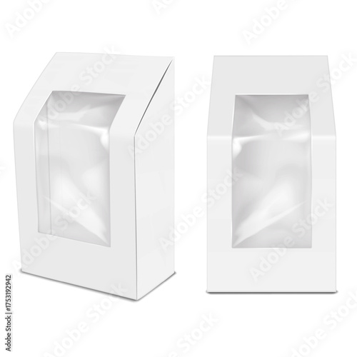 White paper box with clear plastic window to display product. Realistic vector mockup. Transparent PVC front empty paperboard container. 3d mock-up. Carton packaging. Easy editable template for design
