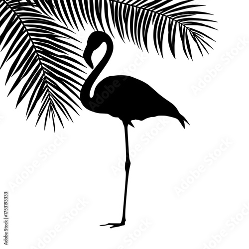 silhouette of flamingo standing beneath palm leaves against a transparent background