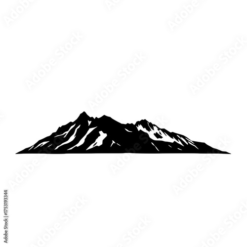 majestic mountain range silhouette against a stark white background, showcasing rugged peaks and snowy crevices