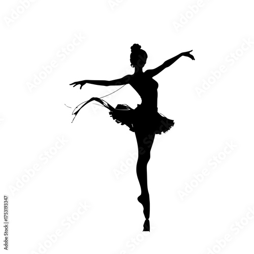 graceful ballerina silhouette in arabesque pose with flowing scarf on transparent background