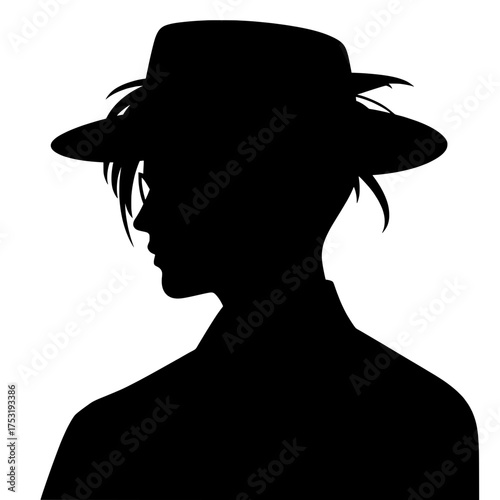 silhouette of a person wearing a hat looking to the left with hair sticking out
