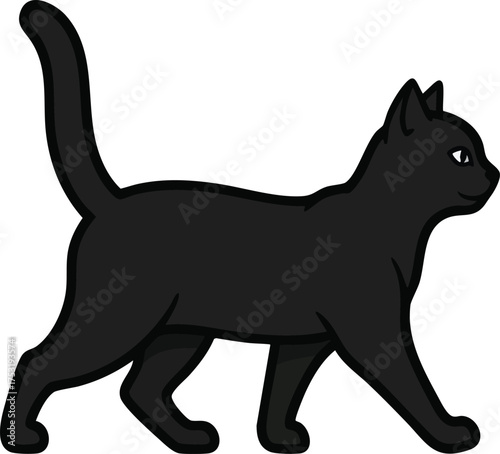 A sleek black cat walks with its tail held high.