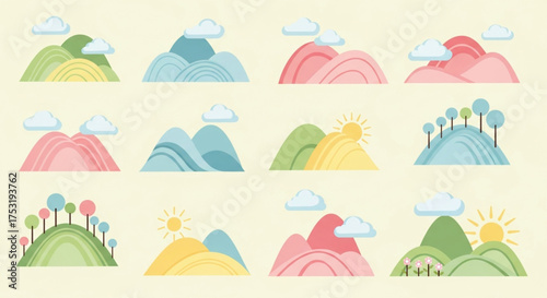 Pastel mountain landscape icons, a serene and whimsical collection of colorful hills, perfect for adding a touch of calm to any design