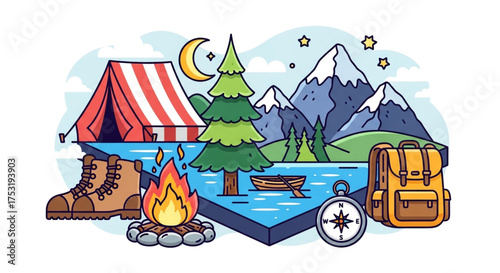 A vibrant camping scene featuring a tent, campfire, mountains, and hiking gear, all set under a starry night sky