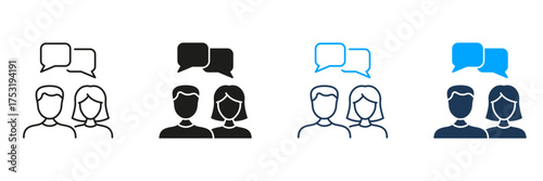 Male And Female Communication Line And Solid Icon Set. Dialogue, Interaction, And Teamwork Symbol Collection. Social Connection And Networking. Isolated Vector Illustration