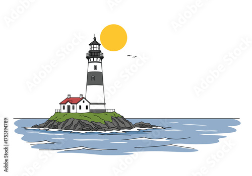 A serene lighthouse stands tall on a small island with a warm sun overhead.