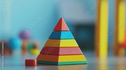 A colorful wooden toy pyramid sits on a table, perfect for play or decoration