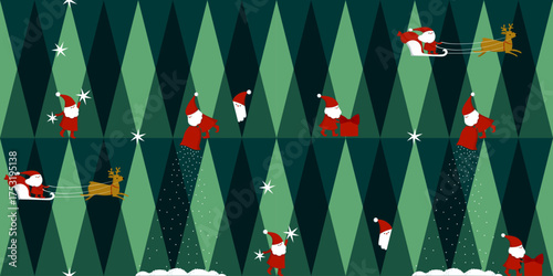 Christmas cartoon Santa Claus and geometric tree Seamless Vector Pattern.  New Year cute fun concept for wrapping paper, greeting card, poster, cover, header, card.