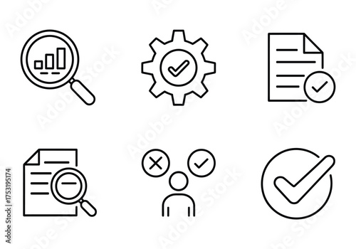 Set of 6 business icons for data analysis process management and decision making