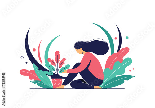 A woman in contemplation surrounded by nature and plants.