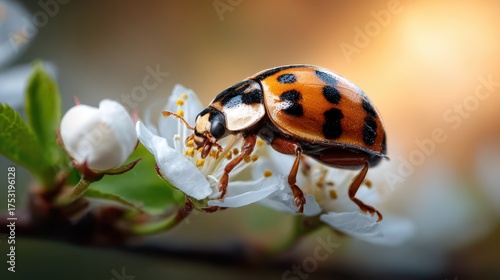 A close-up of a ladybug perched on delicate white flowers, showcasing the beauty of nature and the intricate details of both the insect and floral environment in spring.