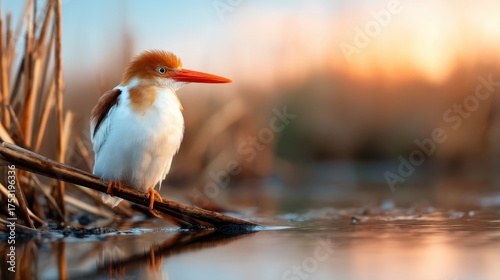 A striking kingfisher perched on a branch by the water's edge at sunset, its vibrant colors perfectly contrasting with the serene backdrop of soft, glowing light.