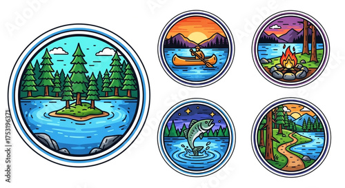 A set of camping and outdoor adventure icons featuring landscapes, lakes, forests, campfires, and fishing scenes in a circular design