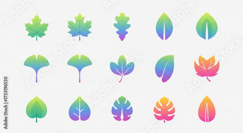Collection of colorful leaf icons, featuring various shapes and gradients, perfect for naturethemed designs and ecofriendly projects