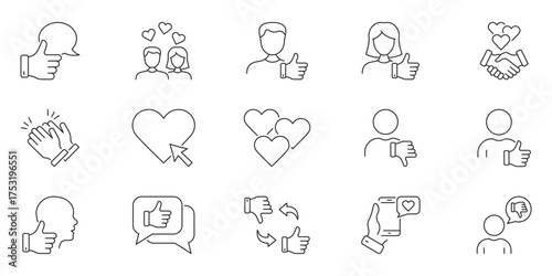 Social Media Interaction And Feedback Line Icon Set. Engagement, Communication, Approval Outline Symbol Collection Thumbs Up, Hearts, And Handshake. Editable Stroke. Isolated Vector Illustration