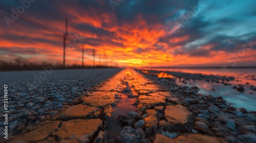 This breathtaking sunset lights up a quiet country road with colors of orange and blue, encapsulating the beauty of nature and evoking a sense of peace and tranquility.