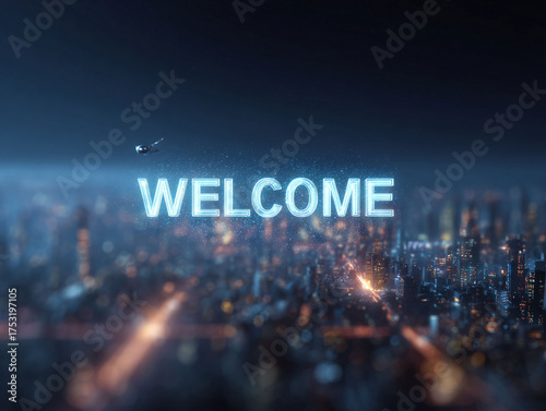 Futuristic Welcome over a blurred cityscape at night. A small aircraft approaches. Use for travel, arrival, technology, or hospitality themes. Bright, modern, and inviting.
