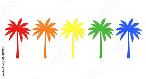 A row of five colorful palm tree silhouettes, , representing a vibrant and tropical scene with a playful and summery feel