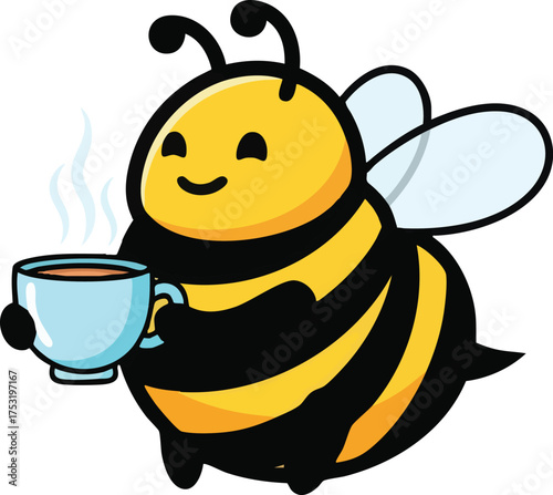 A cheerful cartoon bee character enjoying a hot drink.