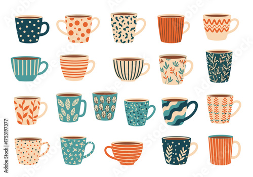 A collection of twenty assorted coffee cups with diverse patterns and designs.
