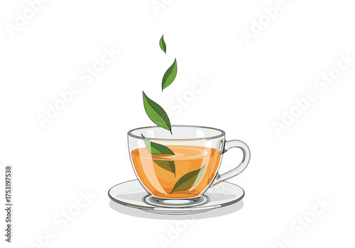 A refreshing cup of organic green tea with fresh leaves steaming hot.