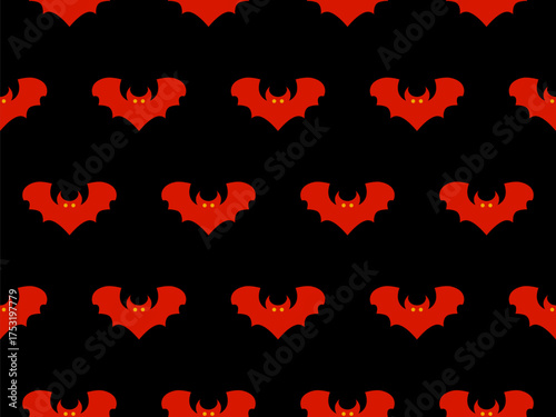 Seamless pattern with flying bats for Halloween decor. Red bat silhouettes on a dark background. A scary background with bats for printing on fabric and paper, banners, posters. Vector illustration