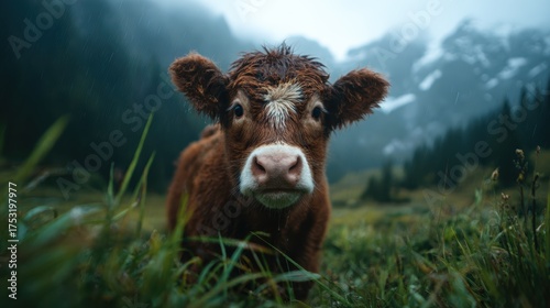 A charming calf stands in a lush green meadow, framed by the mystical mountains in the background, creating a serene and tranquil atmosphere that captivates the viewer.