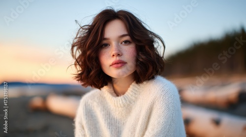 A young woman with curly hair gazes thoughtfully at the camera, wearing a cozy white sweater, against a beautiful beach sunset, creating a serene and tranquil atmosphere.