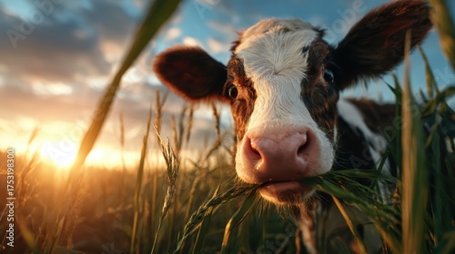 A close-up of an inquisitive calf munching on grass in a field during a golden sunset, capturing the essence of rural life and the beauty of nature.