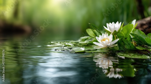 A serene scene of white water lilies floating on calm waters, surrounded by lush greenery. This image embodies tranquility, nature’s beauty, and peaceful waterways for reflection.