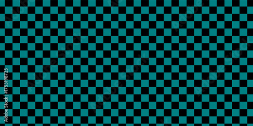 Checkerboard banner. Black and Teal colors of checkerboard. Small squares, small cells. Chessboard, checkerboard texture. Squares pattern. Background. Eps10