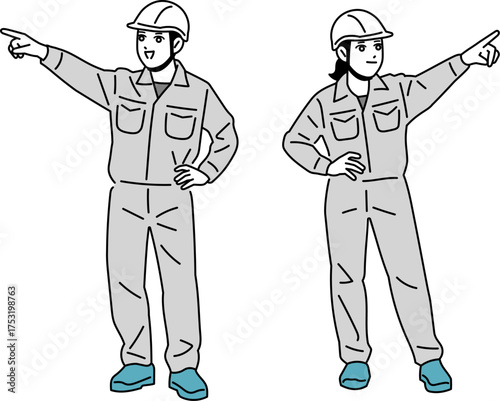 指を指しているヘルメットをかぶった作業員の男女のイラスト