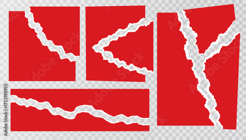 Set of red torn paper hages with ripped edges on transparent background. Red paper pieces with shadow effect. Vector design for banner and collage