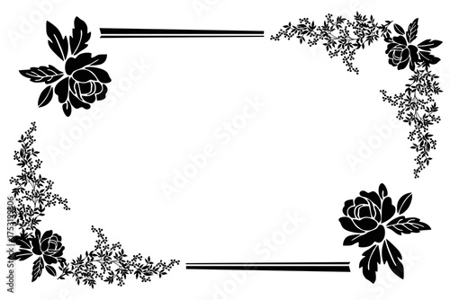 Floral frame with rose elements and a series of hanging leaves, elegant black and white decoration, to beautify the illustration of posters and invitation cards. Vector illustration eps