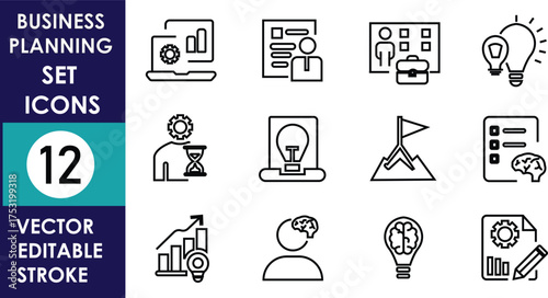 A collection of twelve minimalist vector icons representing business planning concepts such as goals, ideas, analysis, teamwork, strategy, innovation, and growth, in clean editable stroke style