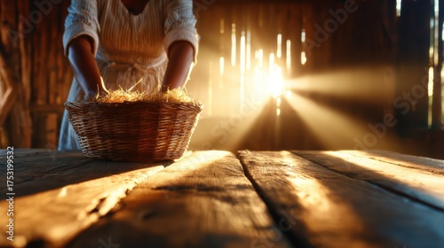 A silhouette of a person holding a basket filled with hay, illuminated by soft sunlight streaming through wooden beams, evoking feelings of warmth and tranquility.