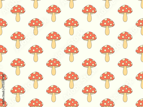 Mushrooms seamless pattern. Mushrooms on a stem. Amanita mushroom with dots on the cap. Background with fly agarics or wallpapers, covers, wrappers and banners. Vector illustration
