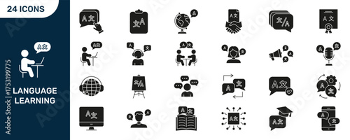 Language Learning And Translation Silhouette Icon Set. Multilingual Communication, Education, And Global Interaction Symbol Collection. Language Tools And Resources. Isolated Vector Illustration