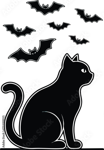 Black Cat Silhouette with Bats Flying Above.