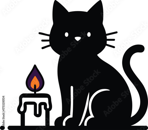 Black cat silhouette sitting next to a lit candle.