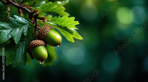 A detailed close-up of acorns nestled among vibrant green oak leaves, capturing the beauty of nature and the seasonal transition in a rich, lush environment.