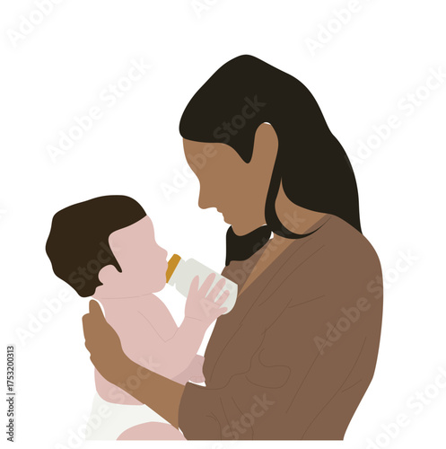 woman drinking baby milk.Woman kisses baby while feeding artificial milk from bottle to advertise nutrition for newborns.