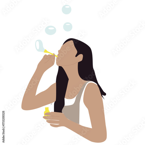 woman playing with bubbles. Teenager girl cartoon character blowing liquid soap bubble enjoying