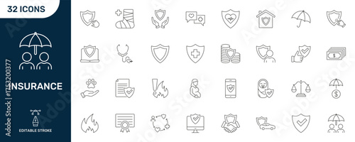Insurance And Protection Line Icon Set. Comprehensive Coverage, Health, And Financial Security Outline Symbol Collection. Editable Stroke. Isolated Vector Illustration