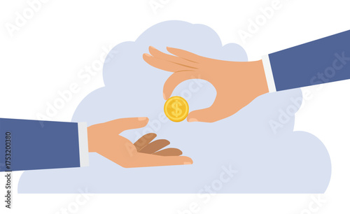 Businessman gives man a gold coin. Financial concept of borrowing money