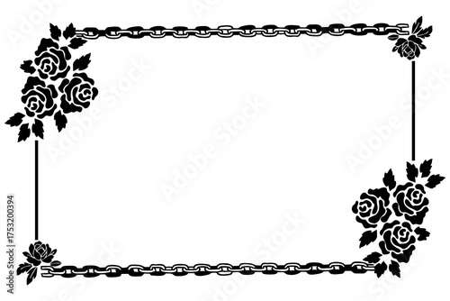 Floral frame with rose and chain ornaments, elegant black and white border, to beautify poster illustrations and greeting cards. Vector illustration eps